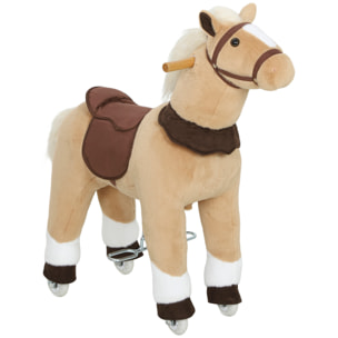 Cheval debout sur roulettes en peluche selle étrier poignées 72L x 32l x 80H beige marron blanc