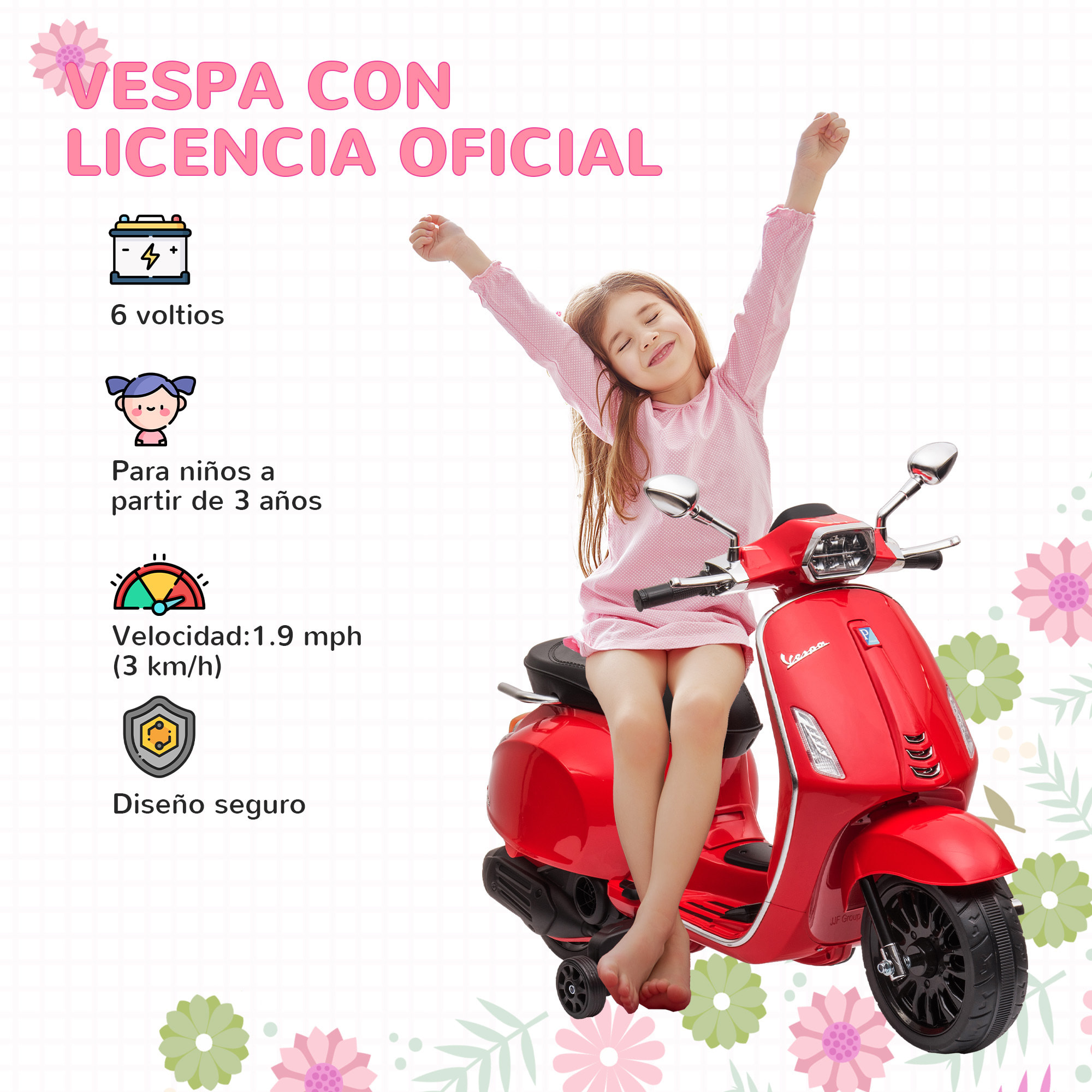 Moto Eléctrica para Niños de +3 Años con Licencia Vespa Moto de Batería para Niños 6V con USB MP3 Luz LED Radio FM Moto para Niños con Velocidad 3 km/h Carga 35 kg Rojo