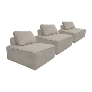 Lot de 3 chauffeuses pour canapé modulables velours côtelé gris clair avec un coussin