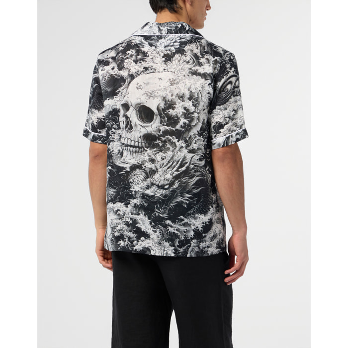 PHILIPP PLEIN Linen Bowling Shirt All-Over Ceramic