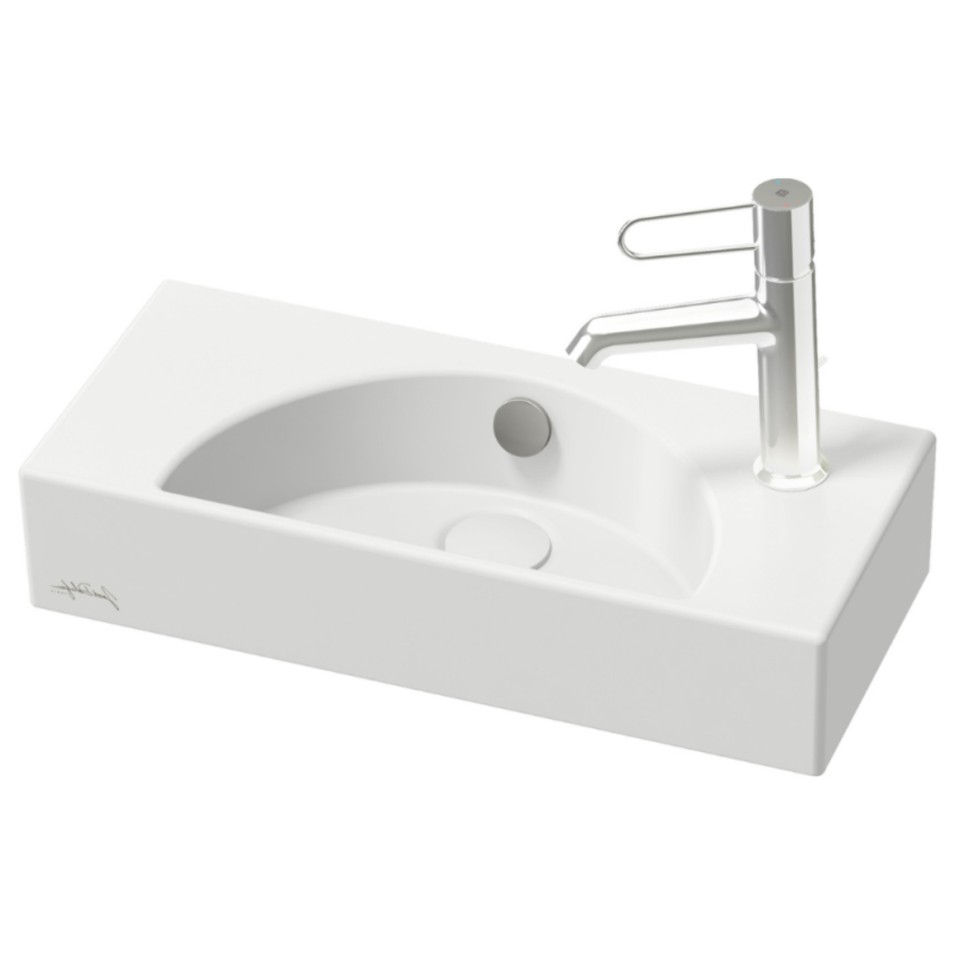Lave-mains compact 50 cm Odéon Rive Gauche 1 trou de robinetterie à droite Blanc satiné avec bonde