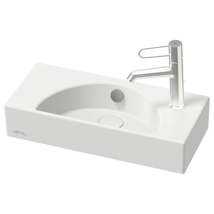 Lave-mains compact 50 cm Odéon Rive Gauche 1 trou de robinetterie à droite Blanc satiné avec bonde
