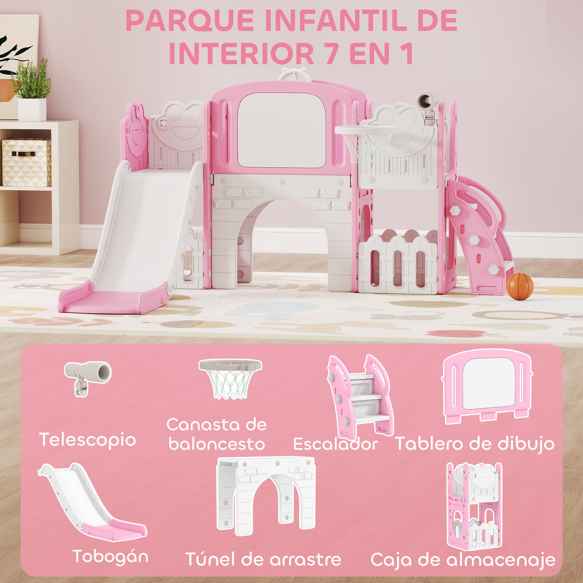 Tobogán Infantil 7 en 1, Tobogán para Niños de 1-3 Años, Temática de Rana, con Aro de Baloncesto, Túnel, Pizarra, Telescopio de Juguete, Escalador y Cajas, para Interior y Exterior, Rosa