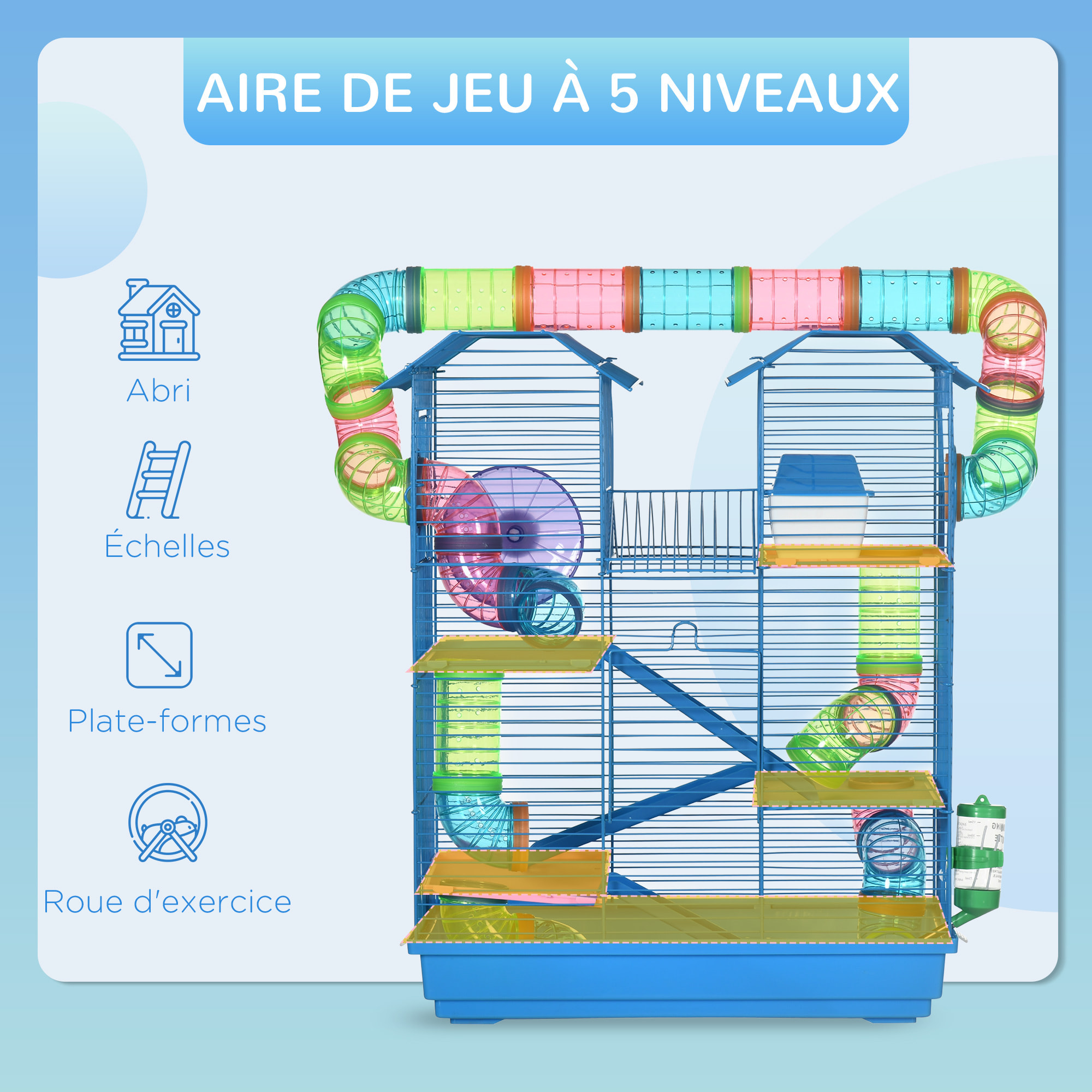 Cage pour hamster souris petits animaux rongeur avec tunnel mangeoire roue jouet 47 x 30 x 59 cm cm bleu