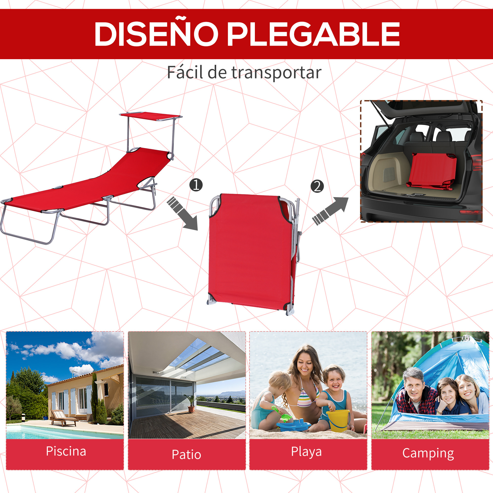 Tumbona Plegable Tumbona de Jardín Exterior Reclinable con Toldo Desmontable con ángulo Regulable Respaldo Ajustable en 4 Niveles para Terraza Piscina Patio 187x58x36 cm Rojo