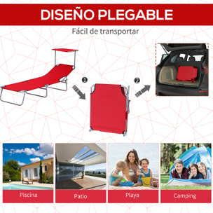 Tumbona Plegable Tumbona de Jardín Exterior Reclinable con Toldo Desmontable con ángulo Regulable Respaldo Ajustable en 4 Niveles para Terraza Piscina Patio 187x58x36 cm Rojo