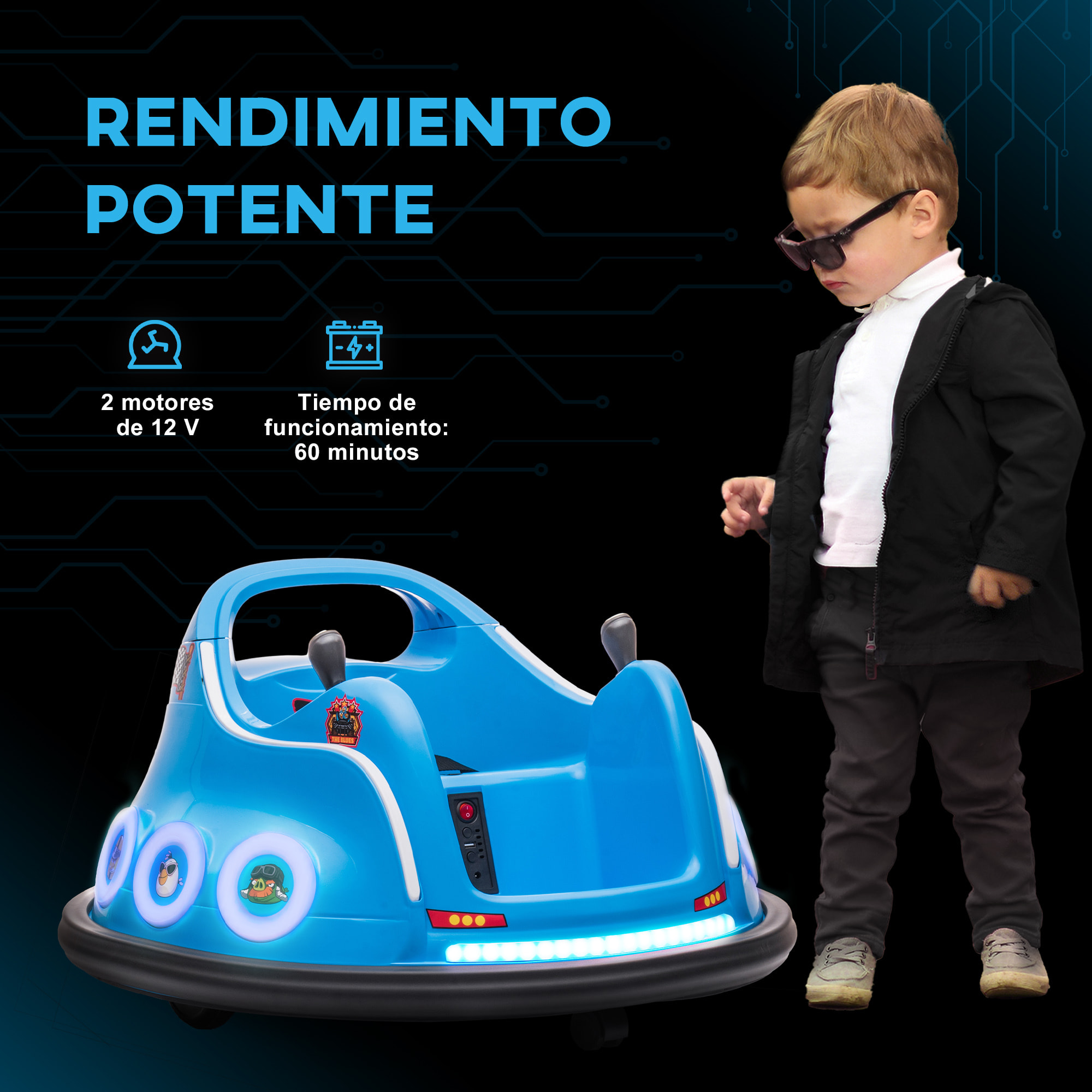 Coche de Parachoques Eléctrico para Niños Coche de Choque con Licencia de Angry Birds Batería 12 V Mando a Distancia Joystick Rotación de 360° Coche Eléctrico con Luces LED Música Azul