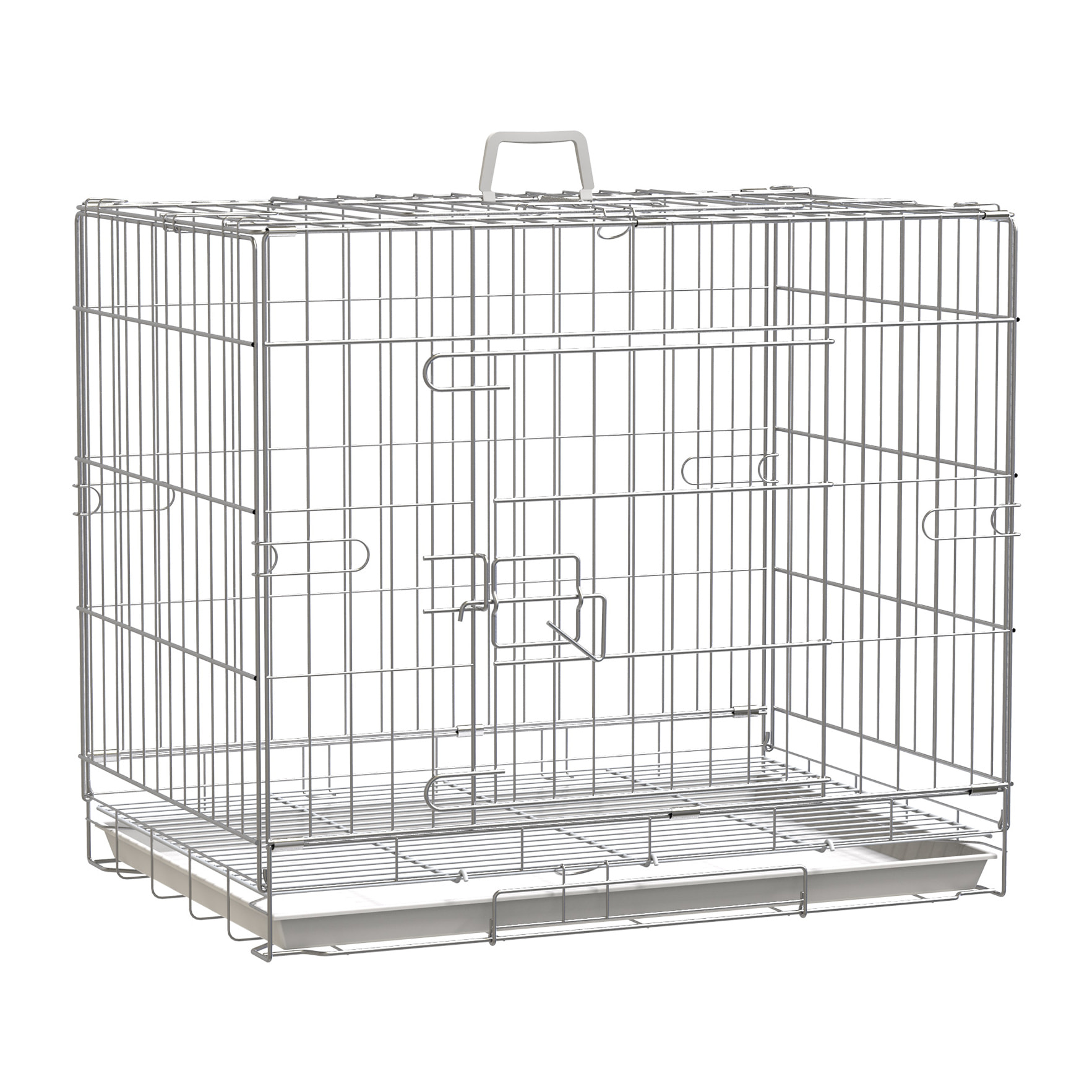 Cage pour chien pliable - plateau excrément coulissant - 2 portes verrouillable, poignée - dim. 61L x 43l x 50H cm - fer galvanisé PP blanc