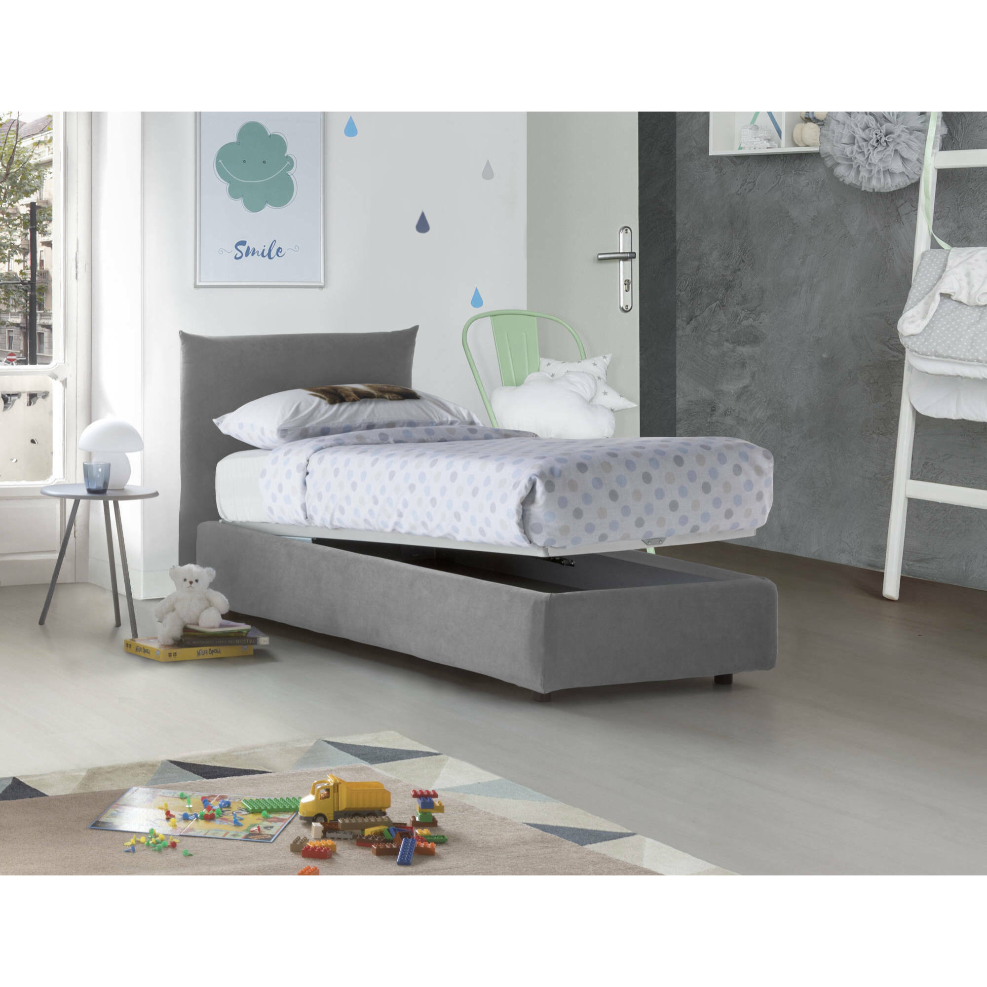 Letto singolo Daisy, Letto contenitore con rivestimento in tessuto, 100% Made in Italy, Apertura frontale, con materasso Cm 80x190 incluso, Grigio