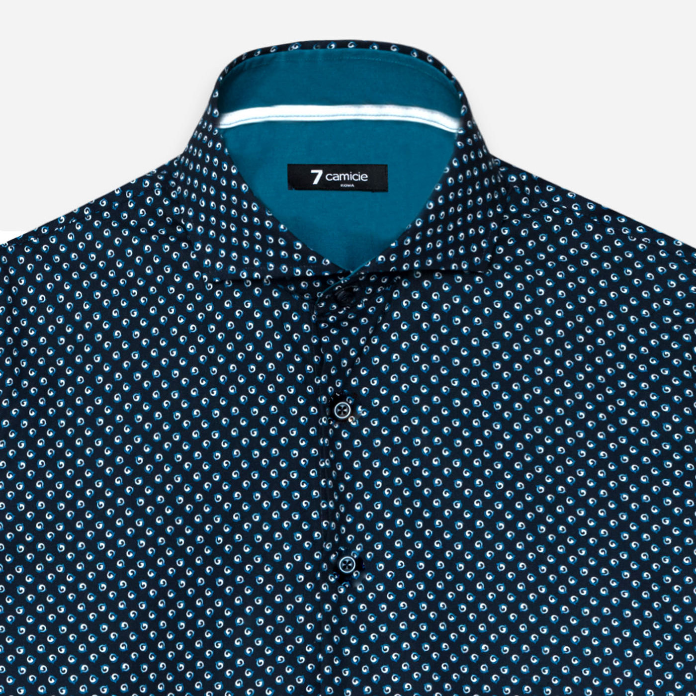 Camicia Uomo 1 Bottone Francese Slim Popeline Stampato Blu/Turchese
