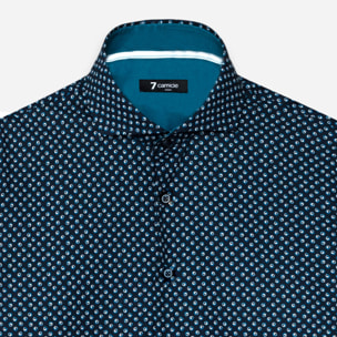 Camicia Uomo 1 Bottone Francese Slim Popeline Stampato Blu/Turchese