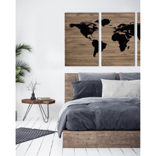 Tête de lit triptyque en bois massif avec imprimée motif 'Black World Map' en ton chêne foncé, différentes tailles Hauteur: 80 Longueur: 180 Largeur: 4.2