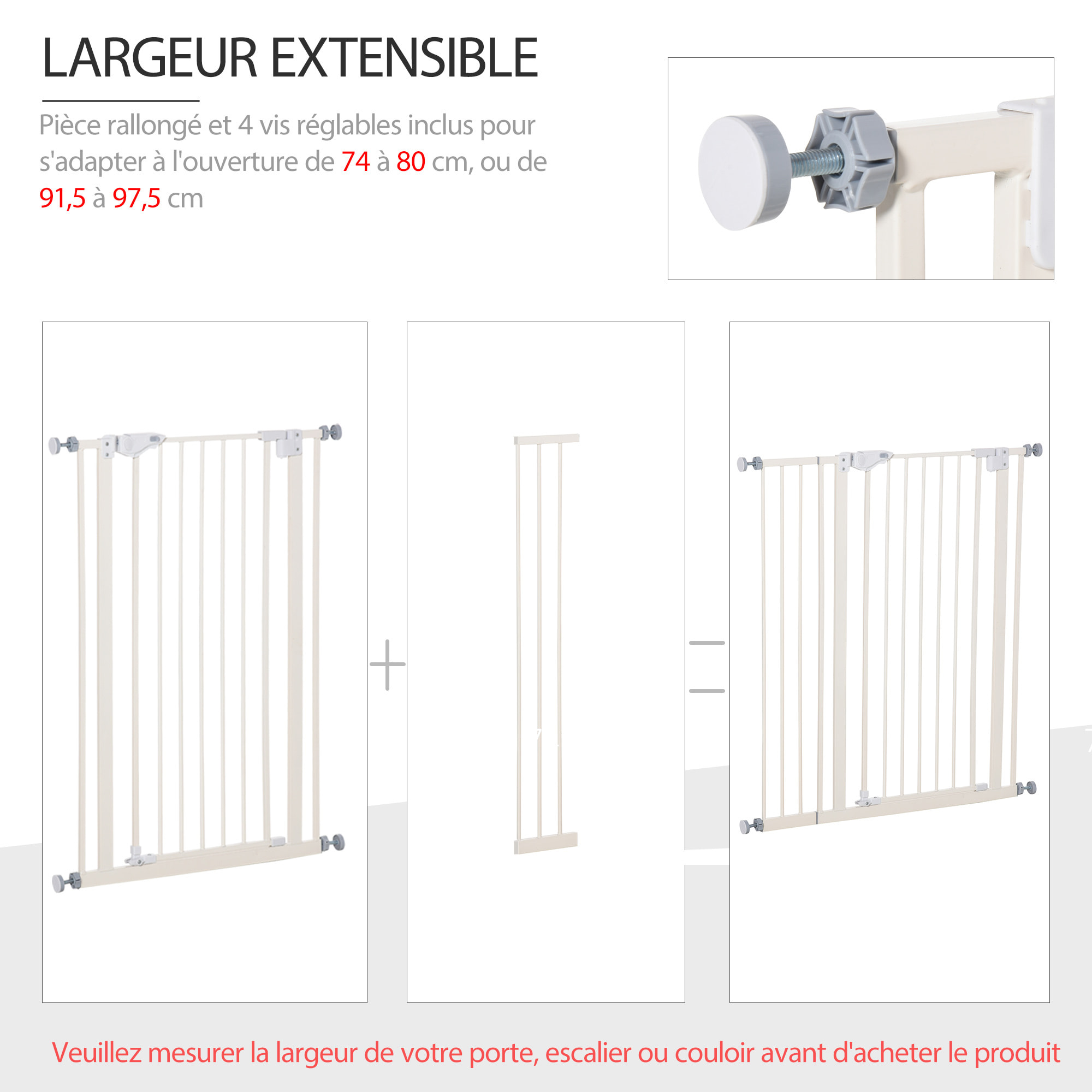 Barrière de sécurité longueur réglable dim. 74-84 cm ou 92-102 cm sans perçage métal plastique blanc