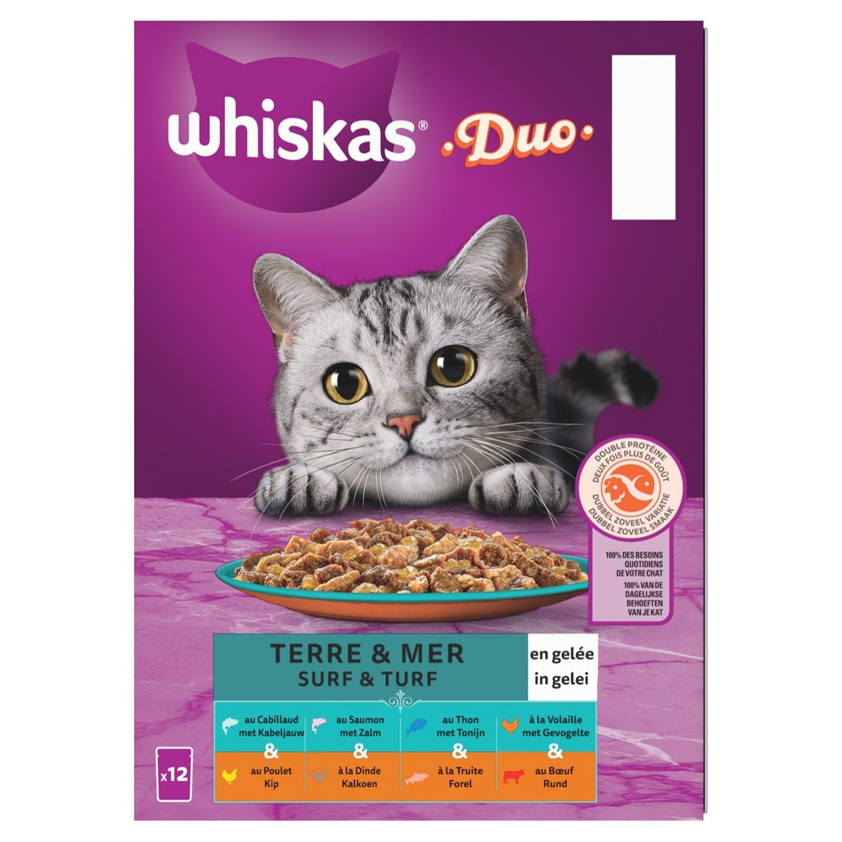 WHISKAS Duo 72 Sachets fraîcheur en gelée 4 variétés pour chat 85g (6x12)