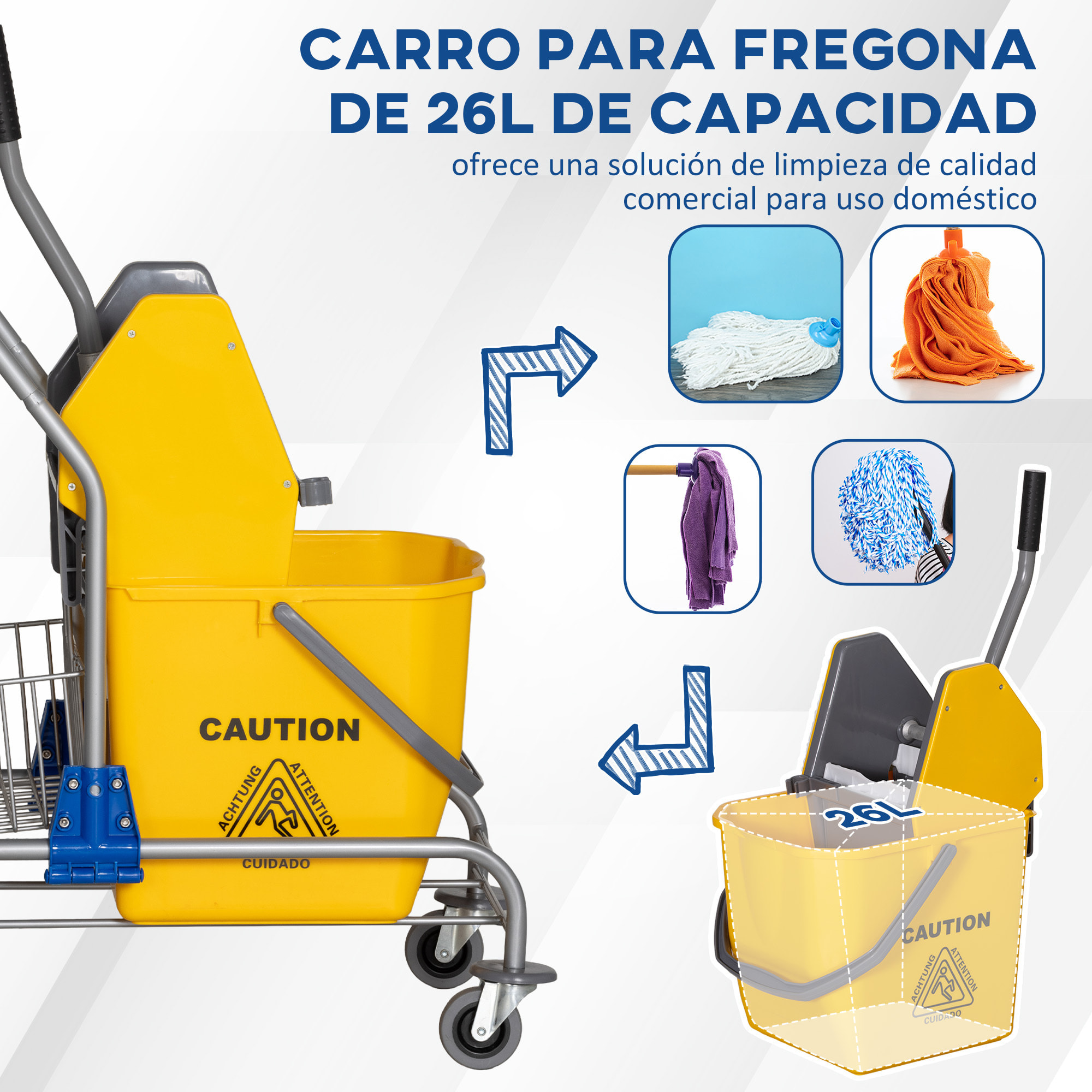 Cubo de Fregona con Ruedas Cubo de Fregar con Escurridor de Presión y Cestas de Almacenamiento Capacidad de 26 L 73x45x95 cm Amarillo