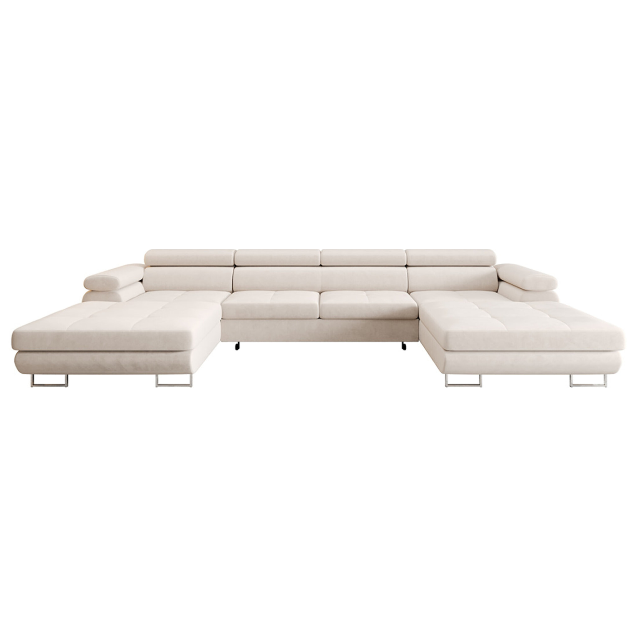 Ayden - Canapé panoramique en U 7 places convertible avec coffre et têtières réglables en tissu - Beige