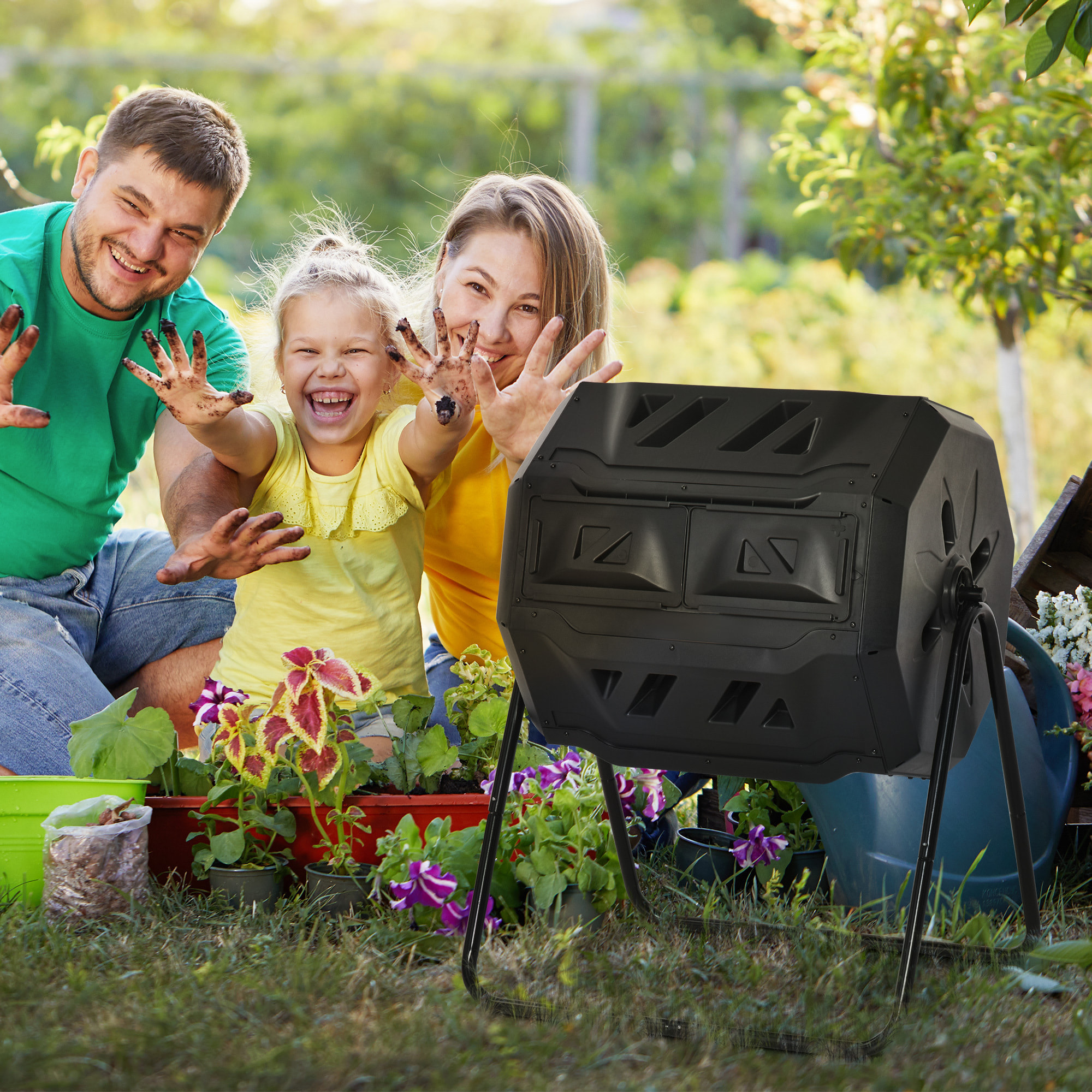 Composteur de jardin - bac à compost pour déchets - rotatif 360° - double chambre 160 L - acier PP noir