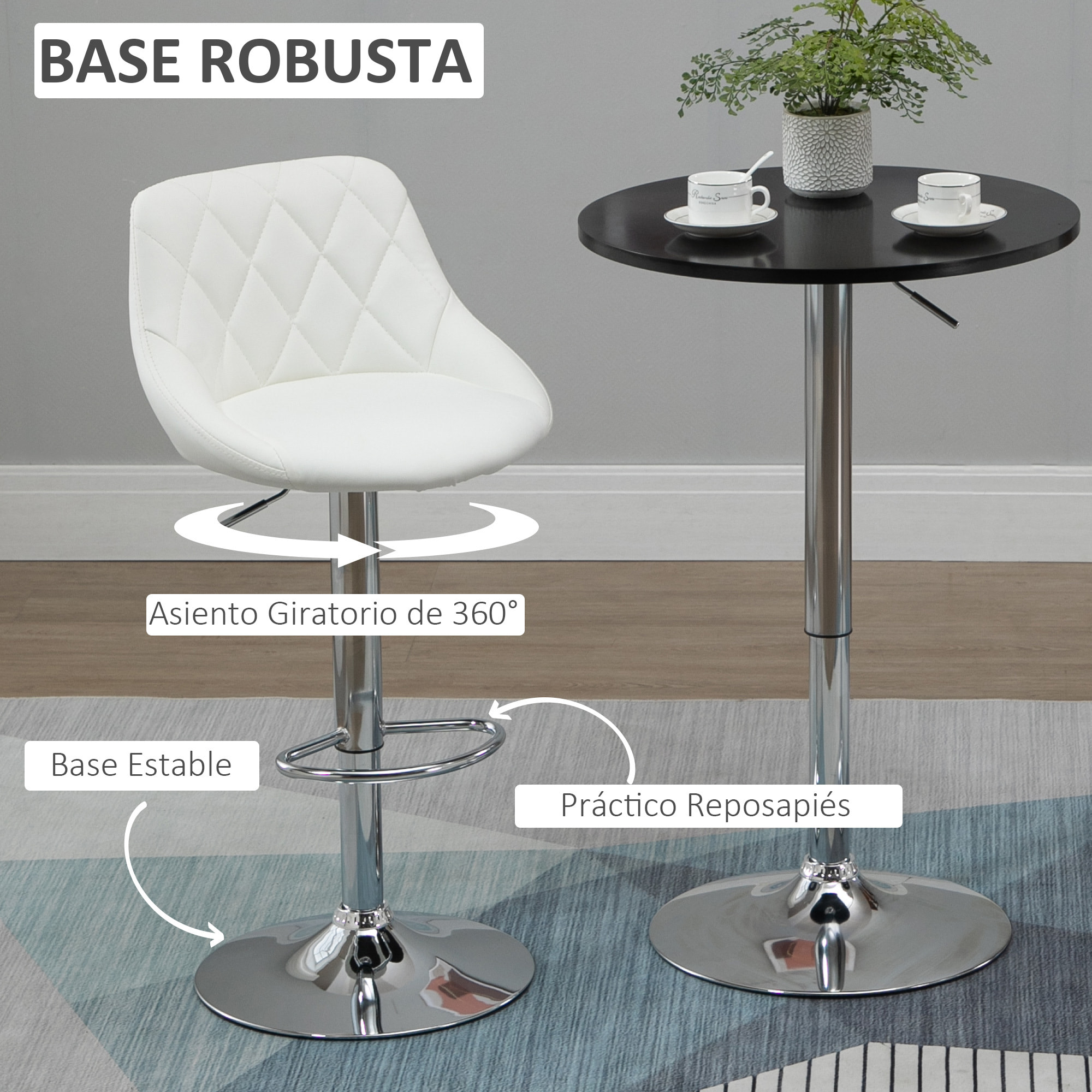 Conjunto de 2 Taburetes de Bar Giratorios con Altura Regulable Sillas Altas Modernas de Comedor con Base Redonda y Reposapiés 46x48x83-104 cm Blanco