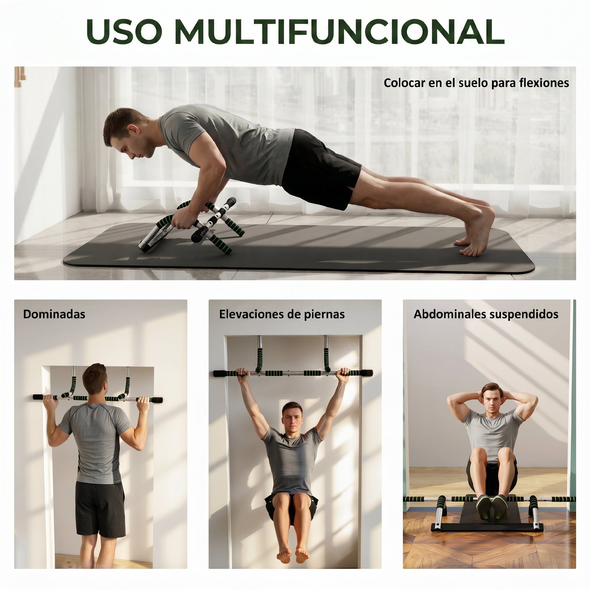 Barra de Dominadas Multifuncional Barra de Dominadas de Pared con Mangos Antideslizantes Carga 110 kg para Ejercicio y Entrenamiento en Casa Gimnasio Gris y Negro