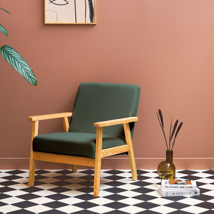 Fauteuil vintage / scandinave structure en bois et contreplaqué et assise en velours côtelé vert kaki