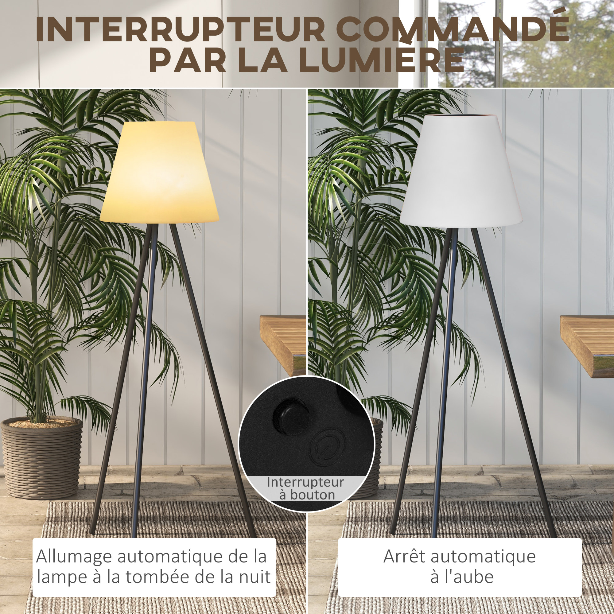 Lampadaire extérieur solaire LED trepied sans fil rechargeable USB réglable alu noir PE blanc