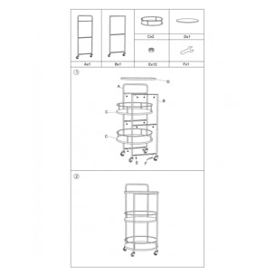 Carrello rotondo in metallo e legno, con 3 ripiani e pratiche rotelle, colore nero, Misure 41,5 x 82 x 40 cm