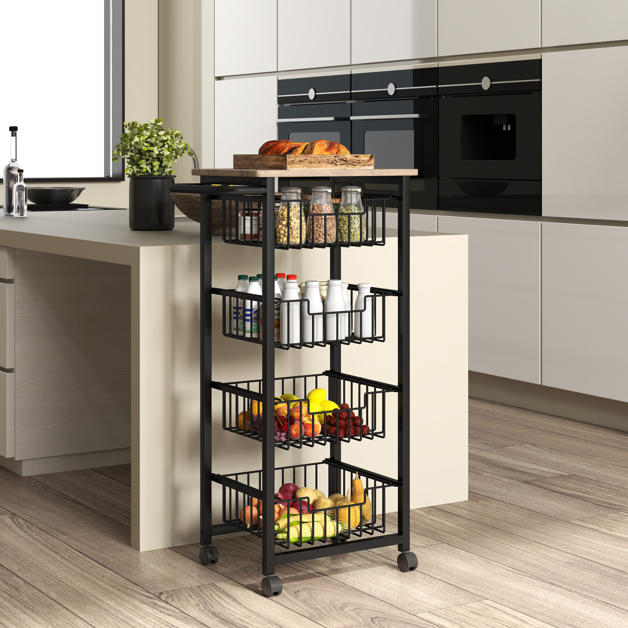 Desserte cuisine 4 paniers 4 roulettes pivotantes poignée acier noir plateau effet bois