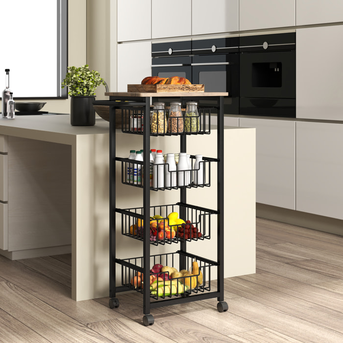 Desserte cuisine 4 paniers 4 roulettes pivotantes poignée acier noir plateau effet bois