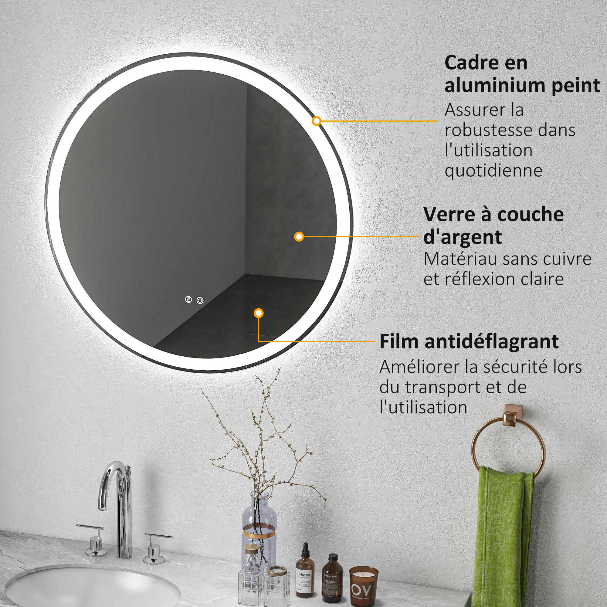 Miroir rond lumineux LED de salle de bain Ø 80 cm mural avec éclairage 3 couleurs interrupteur tactile système antibuée 46W blanc argent