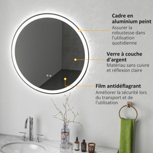 Miroir rond lumineux LED de salle de bain Ø 80 cm mural avec éclairage 3 couleurs interrupteur tactile système antibuée 46W blanc argent