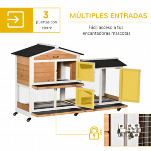 Conejera de Madera 157,4x53x99,5 cm Jaula para Conejos Grande con Ruedas Techo Asfáltico Bandeja Extraíble y Rampa para Exterior Natural