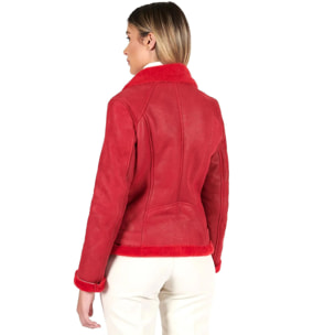 Montone shearling rosso con cintura e cerniera trasversale