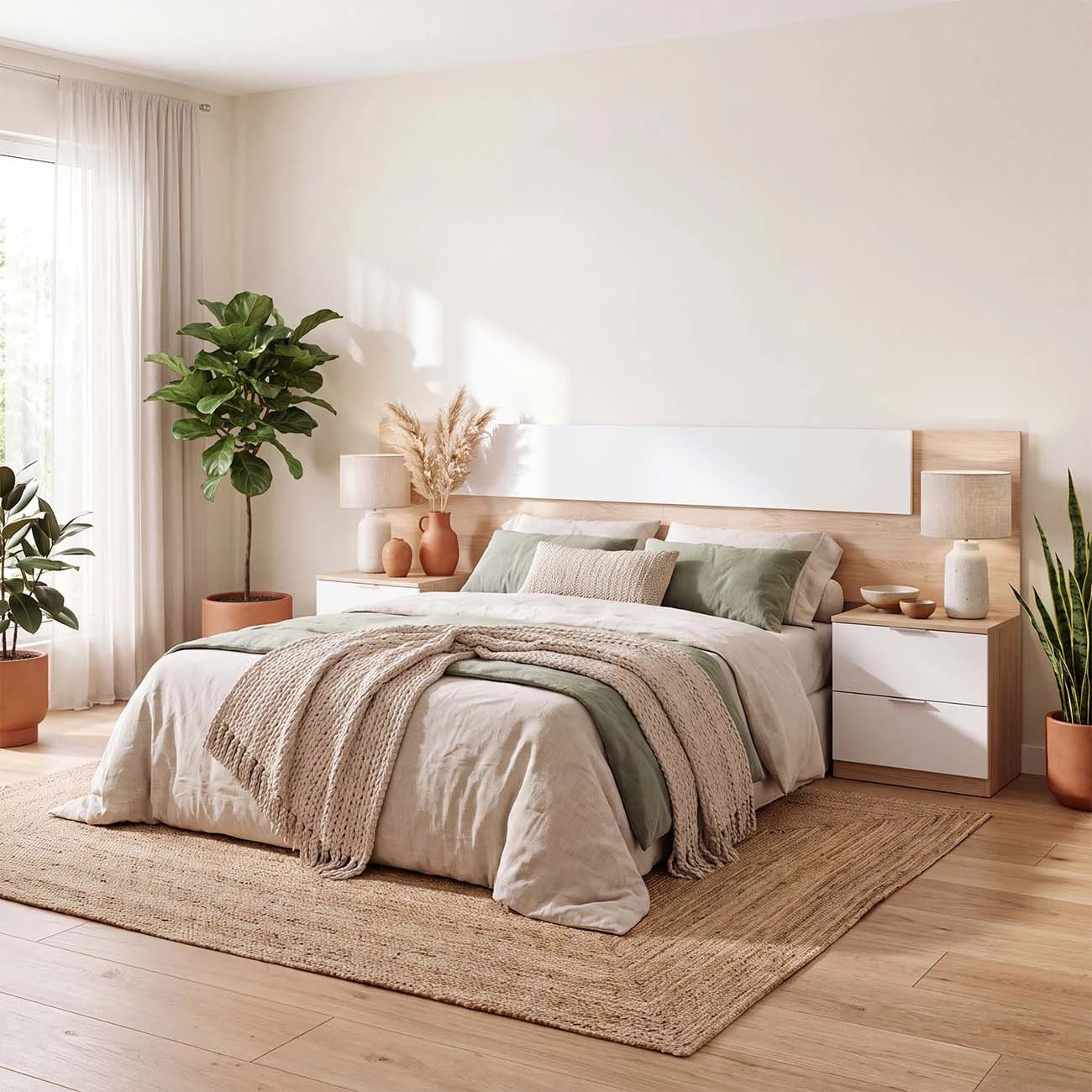 Cabecero para cama de 135-150 cm y 2 mesitas con cajones en roble canadian y blanco artik Akari Roble Canadian - Blanco Artik (Blanco Mate)