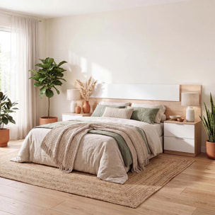 Cabecero para cama de 135-150 cm y 2 mesitas con cajones en roble canadian y blanco artik Akari Roble Canadian - Blanco Artik (Blanco Mate)