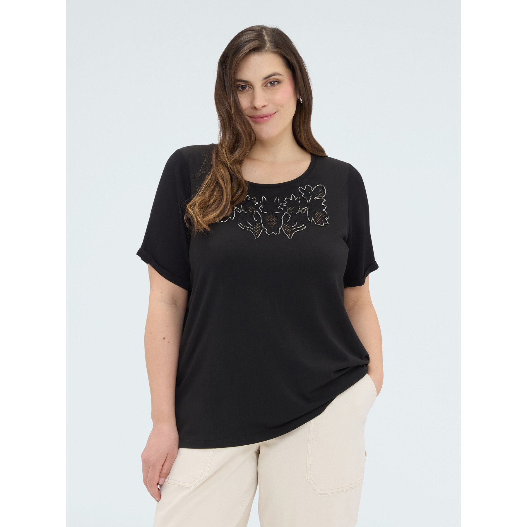 Fiorella Rubino - Camiseta bimaterial con bordado floral - Negro