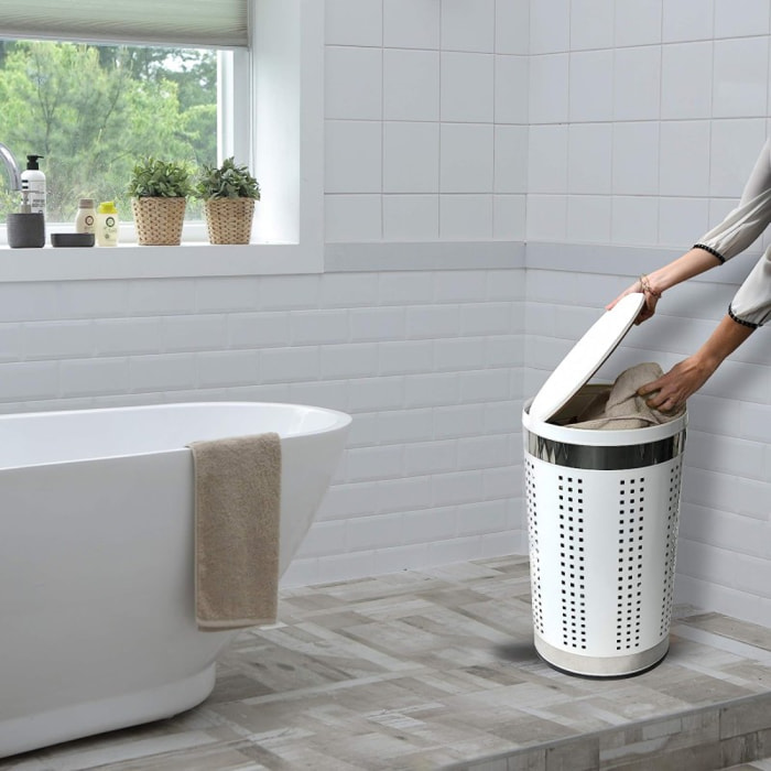 MSV Panier à  linge 46L avec couvercle coussin Inox Blanc
