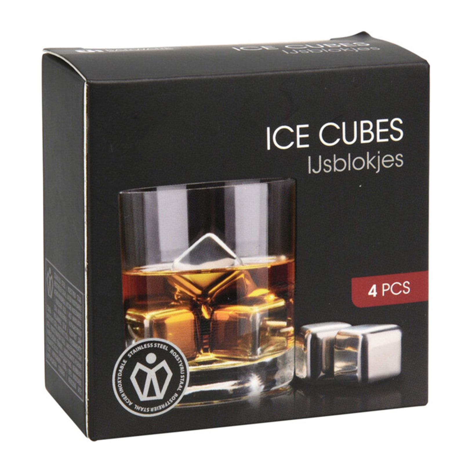 Cubitos de hielo de acero inoxidable - set 4 piezas en caja con clip ø2,7cm
