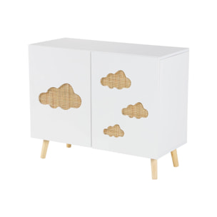 Commode enfant. blanc. 2 portes avec nuages en cannage. 2 étagères