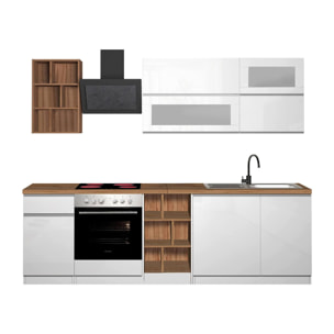 Cucina completa Dcastill, Cucina pratica e salvaspazio, Parete da cucina con 5 ante e 1 cassetto, 100% Made in Italy, 255x60h85 cm, Bianco lucido e Rovere