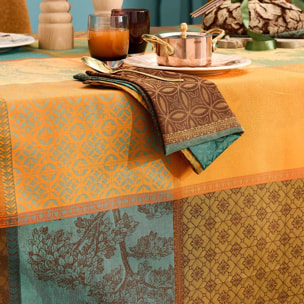 Chemin de table pur coton 220 g/m² motif jacquard brun vert Mille trees foret
