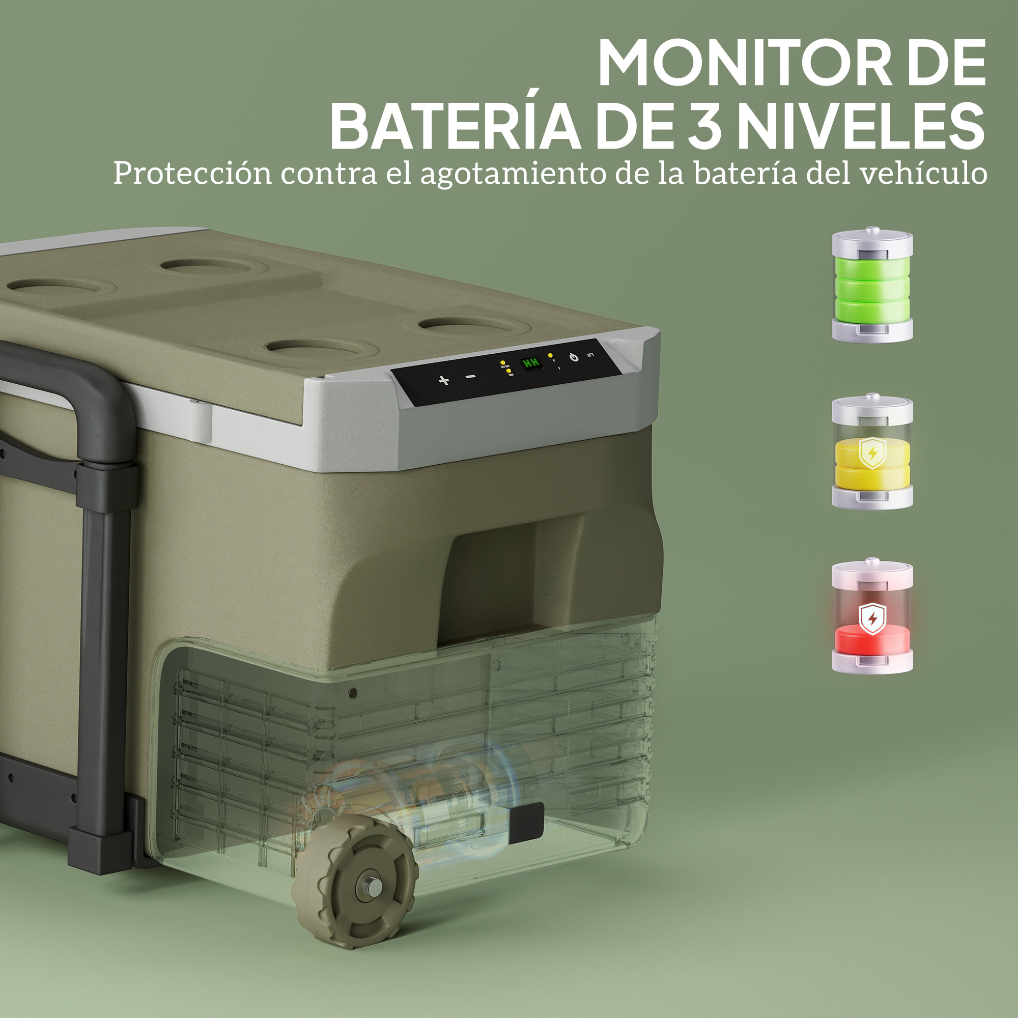 Nevera Portátil Eléctrica 30L Refrigerador de Coche -20℃ a +20 ℃ 12V/24V Mini Frigorífico con Ruedas Compresor Pantalla LED Táctil para Hogar Camping Viajes Automóvil 61x39x41,5 cm Verde