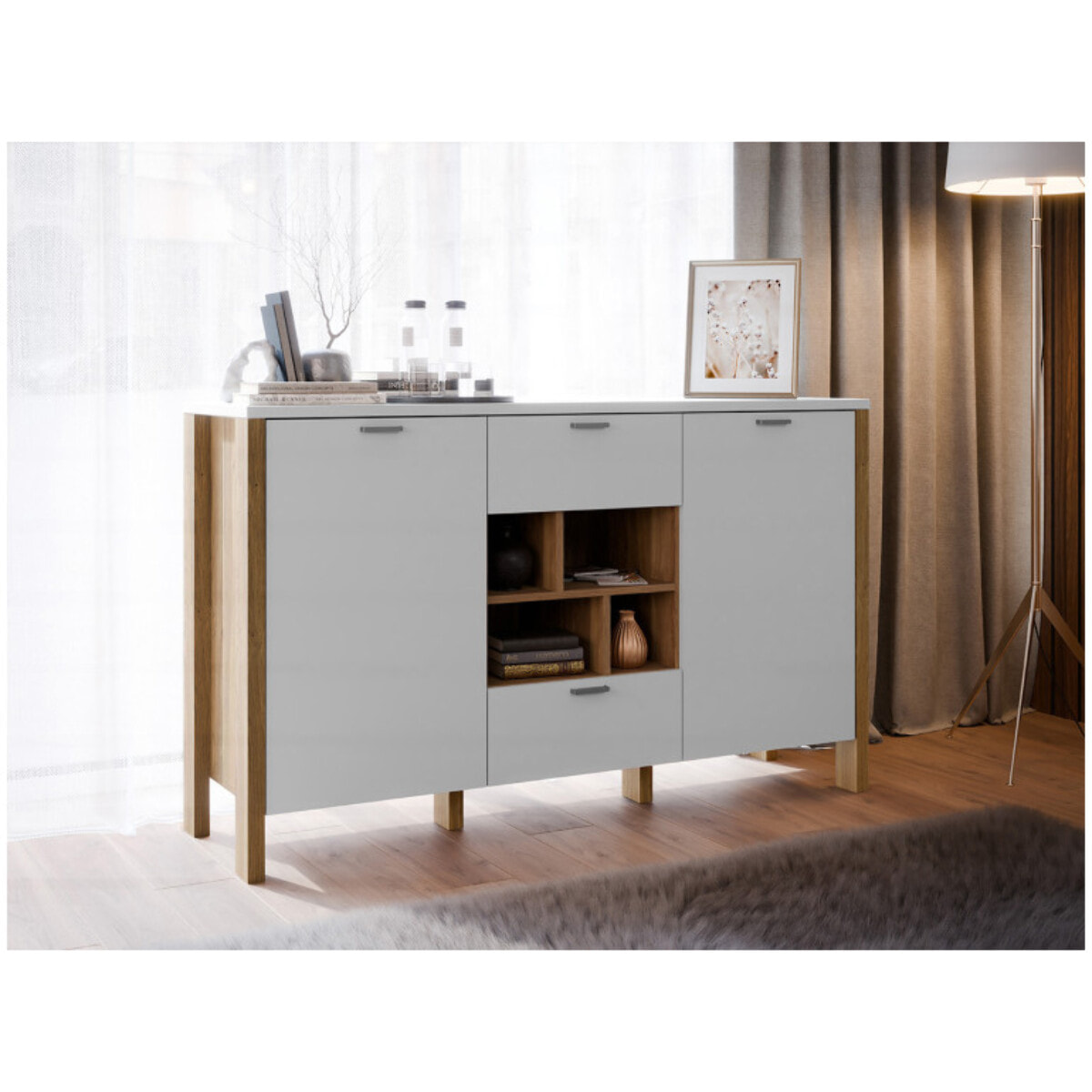 Buffet L141 cm 2 tiroirs 2 portes 4 niches décor gris clair - BOLERO