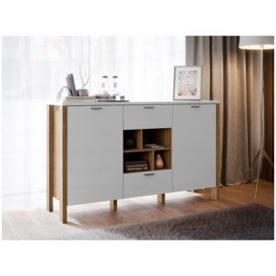 Buffet L141 cm 2 tiroirs 2 portes 4 niches décor gris clair - BOLERO
