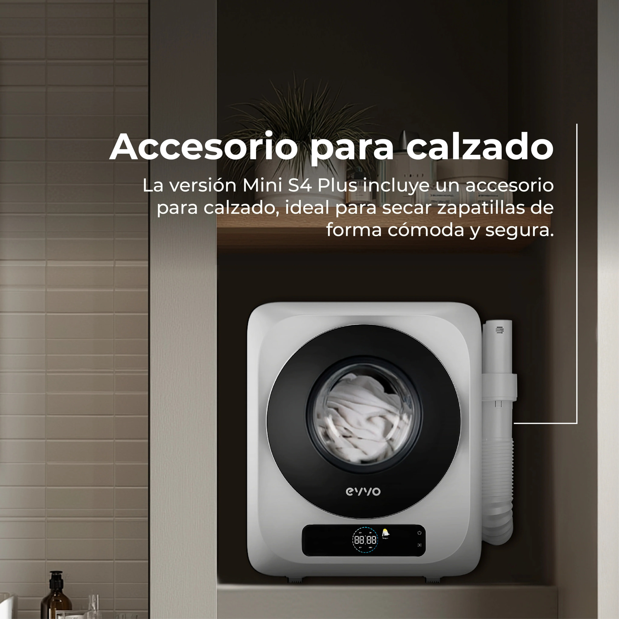 EVVO Secadora Mini S4 Plus – Secadora de Ropa Portátil 3 Kg, Diseño Mini Compacto, Panel Táctil, Higiene UV, Función Antiarrugas, Accesorio para Calzado, Mini Secadora Ideal para Espacios Reducidos