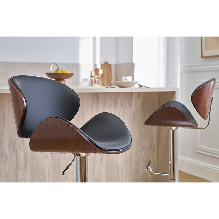 Tabouret de bar design réglable noir, bois foncé et métal chromé WALNUT