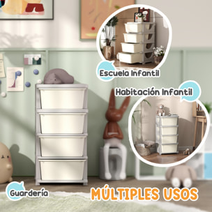 Torre de Almacenamiento Infantil con 4 Cajones, Organizador de Juguetes para Niños de +3 Años, con Bordes Redondeados y Asas, para Guardería, Sala de Juegos, Dormitorio, 37x37x76 cm, Crema