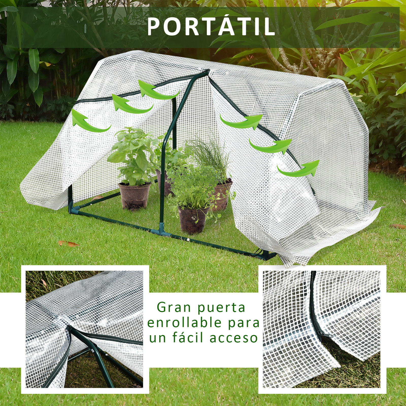 Invernadero de Terraza 100x70x60 cm Vivero Casero Pequeño de Jardín con Cremallera para Cultivos Plantas Flores Marco de Acero Cubierta de PE Blanco