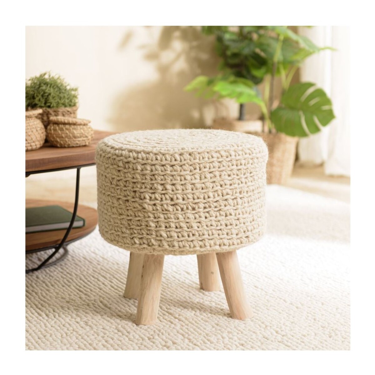 SACHA - Tabouret rond 40x40cm laine tressé ivoire pieds bois naturel