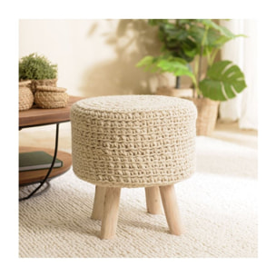 SACHA - Tabouret rond 40x40cm laine tressé ivoire pieds bois naturel