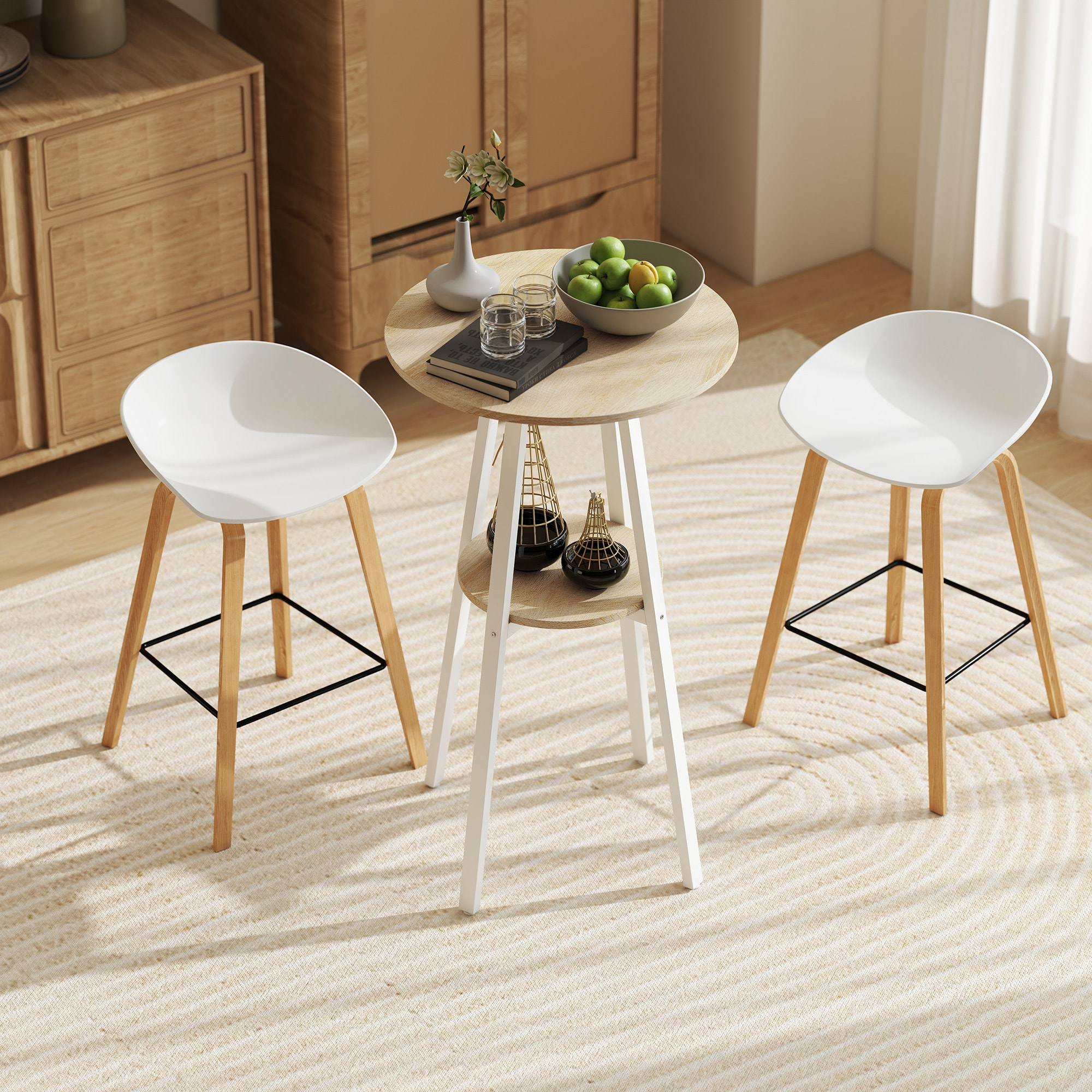 Mesa Alta Cocina Redonda con Estante de Almacenamiento, Mesa Alta Bar Moderna para 2 Personas con Marco de Metal para Salón y Comedor, 55x55x95 cm, Madera Natural y Blanco